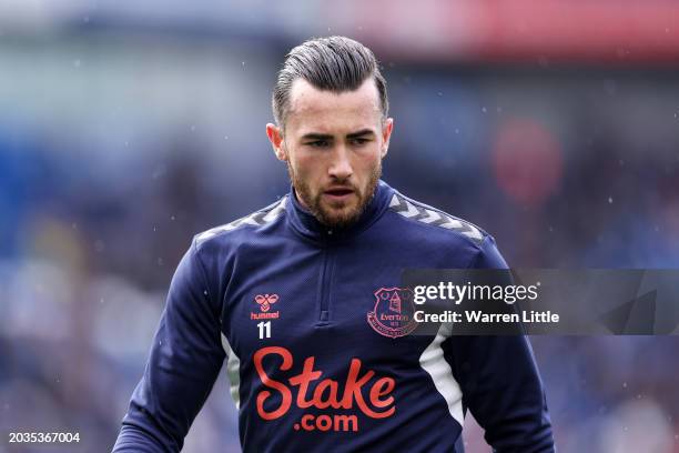 Jack Harrison of Everton looks on in the warm up prior to the Premier League match between Brighton & Hove Albion and Everton FC at the American...