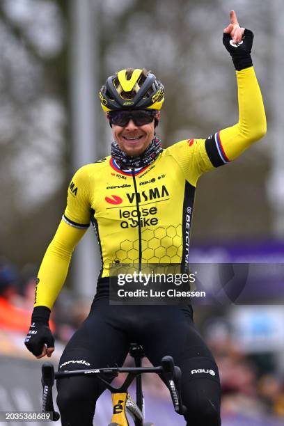 Jan Tratnik of Slovenia and Team Visma | Lease A Bike celebrates at finish line as race winner during the 79th Omloop Het Nieuwsblad 2024, Men's...