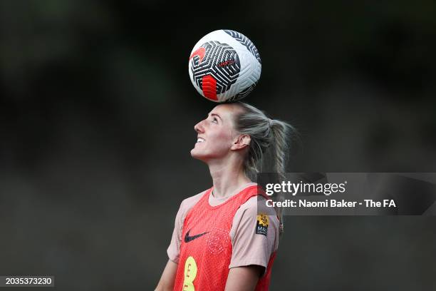 Millie Turner of England balances a ball on her head during a training session at La Quinta Football Center on February 24, 2024 in Marbella, Spain.