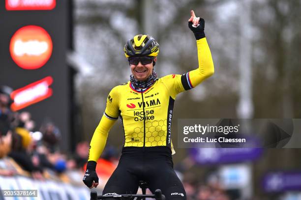 Jan Tratnik of Slovenia and Team Visma | Lease A Bike celebrates at finish line as race winner during the 79th Omloop Het Nieuwsblad 2024, Men's...