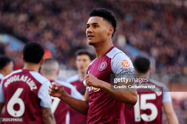 Ollie Watkins of Aston Villa celebrates scoring his team's first goal during the Premier League match between Aston Villa and Nottingham Forest at...