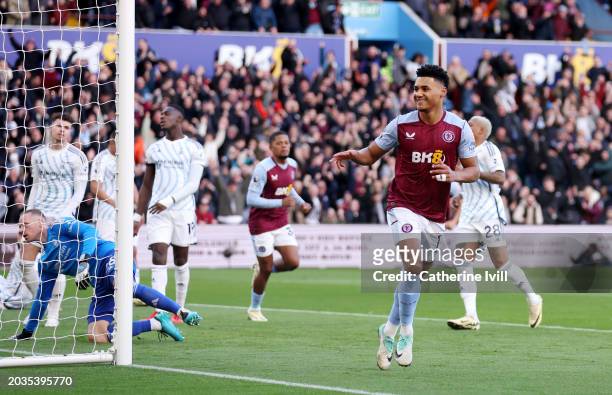 Ollie Watkins of Aston Villa celebrates scoring his team's first goal during the Premier League match between Aston Villa and Nottingham Forest at...