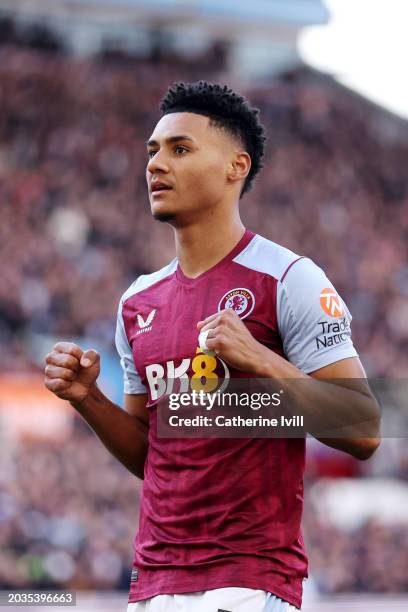 Ollie Watkins of Aston Villa celebrates scoring his team's first goal during the Premier League match between Aston Villa and Nottingham Forest at...