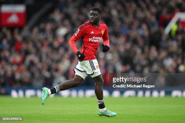 Omari Forson of Manchester United looks on during the Premier League match between Manchester United and Fulham FC at Old Trafford on February 24,...