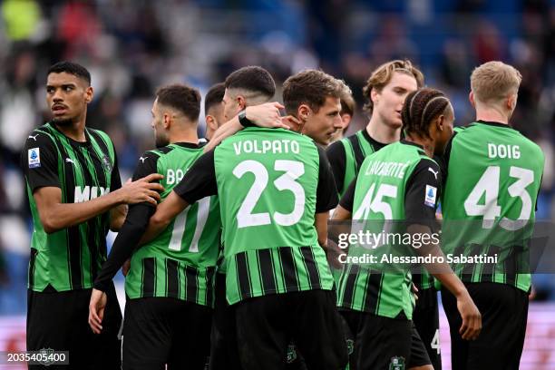 Andrea Pinamonti of US Sassuolo celebrates scoring his team's first goal with team mates during the Serie A TIM match between US Sassuolo and Empoli...