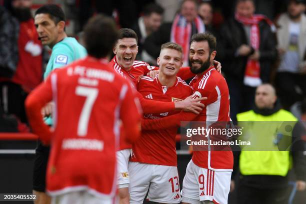 Andras Schaefer of 1.FC Union Berlin celebrates scoring his team's second goal with team mates Robin Gosens and Mikkel Kaufmann during the Bundesliga...