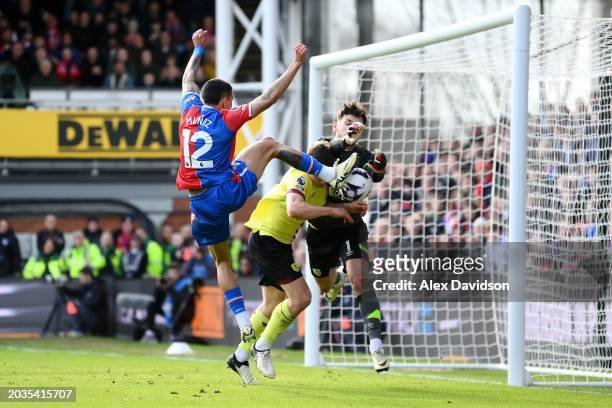 James Trafford of Burnley makes a save against Daniel Munoz of Crystal Palace during the Premier League match between Crystal Palace and Burnley FC...