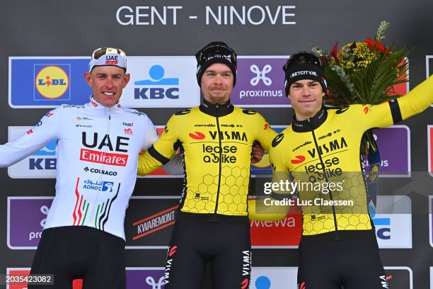 Nils Politt of Germany and UAE Team Emirates on second place, race winner Jan Tratnik of Slovenia and Team Visma | Lease A Bike and Wout Van Aert of...