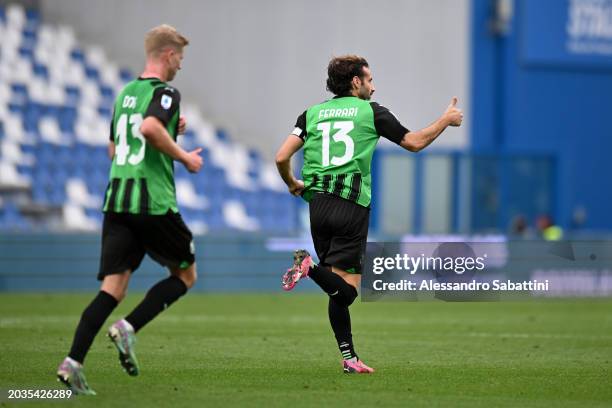 Gian Marco Ferrari of US Sassuolo celebrates scoring his team's second goal during the Serie A TIM match between US Sassuolo and Empoli FC at the...