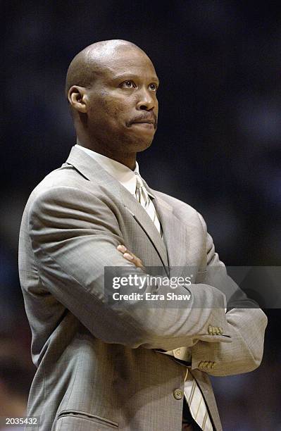 Head coach Byron Scott of the New Jersey Nets watches Game three of the Eastern Conference Finals against the Detroit Pistons during the 2003 NBA...