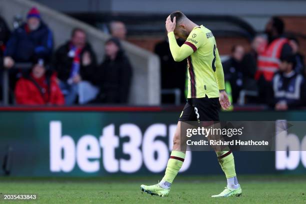 Josh Brownhill of Burnley reacts as he is sent off after being shown a red card during the Premier League match between Crystal Palace and Burnley FC...