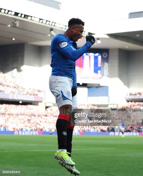 Oscar Cortes of Rangers celebrates after he scores his team's second goal during the Cinch Scottish Premiership match between Rangers FC and Heart of...