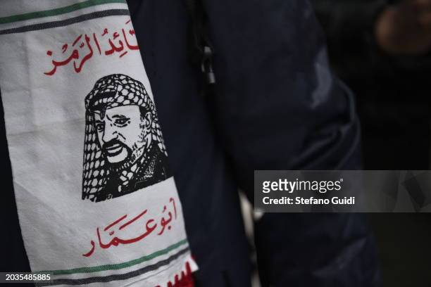 Yasser Arafat illustrated on scarf during the Pro-Palestine Demonstration on February 24, 2024 in Milan, Italy. The war between Israel and Hamas, now...