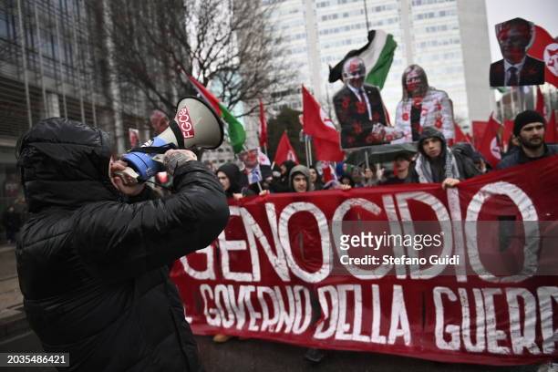 Man speaks with megaphone during the Pro-Palestine Demonstration on February 24, 2024 in Milan, Italy. The war between Israel and Hamas, now in its...