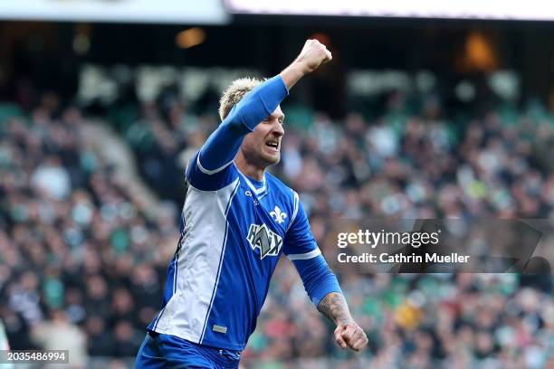 Sebastian Polter of SV Darmstadt 98 celebrates scoring his team's second goal that is later disallowed during the Bundesliga match between SV Werder...