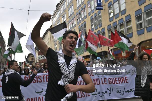 Man scream "Free Gaza" slogan during the Pro-Palestine Demonstration on February 24, 2024 in Milan, Italy. The war between Israel and Hamas, now in...