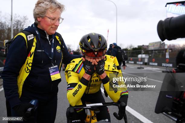 Race winner Marianne Vos of The Netherlands and Team Visma | Lease A Bike celebrates at finish line during the 16th Omloop Het Nieuwsblad 2024,...