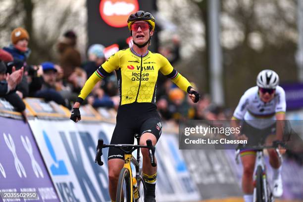 Race winner Marianne Vos of The Netherlands and Team Visma | Lease A Bike celebrates at finish line ahead of Lotte Kopecky of Belgium and Team SD...