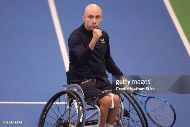Andy Lapthorne of Great Britain during the Bolton Indoor ITF2 Wheelchair Tennis Tournament at Bolton Arena on February 24, 2024 in Bolton, England.