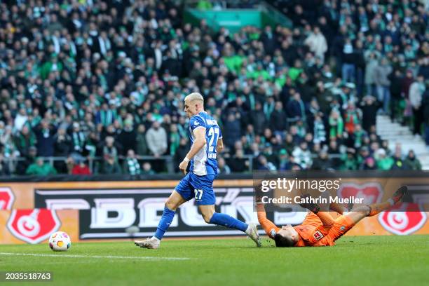 Tim Skarke of SV Darmstadt 98 scores a goal that is later disallowed after a VAR review during the Bundesliga match between SV Werder Bremen and SV...