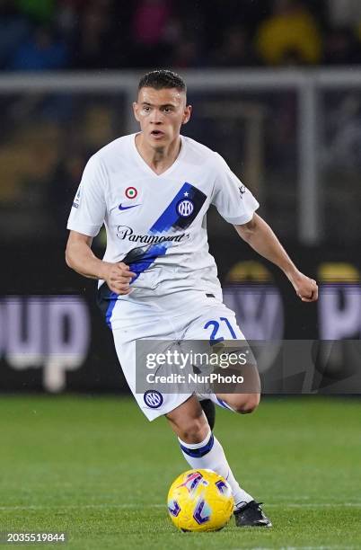 Kristjan Asllani of FC Internazionale is playing during the Serie A TIM match between US Lecce and FC Internazionale in Lecce, Italy, on February 25,...