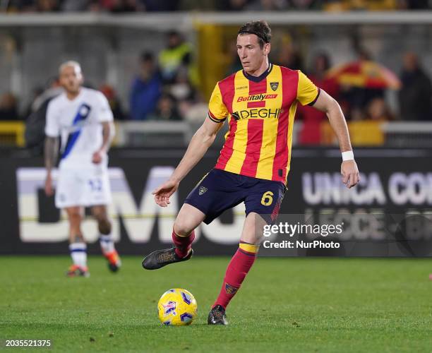 Federico Baschirotto of US Lecce is playing during the Serie A TIM match between US Lecce and FC Internazionale in Lecce, Italy, on February 25, 2024.