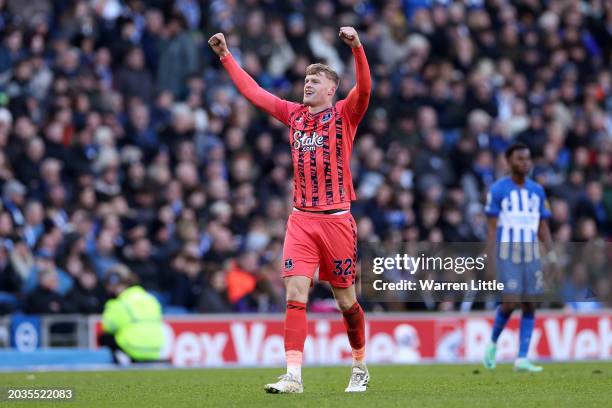 Jarrad Branthwaite of Everton celebrates scoring his team's first goal during the Premier League match between Brighton & Hove Albion and Everton FC...