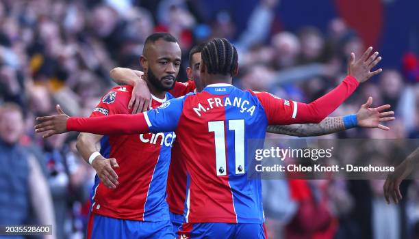 Jordan Ayew of Crystal Palace celebrates scoring their teams second goal during the Premier League match between Crystal Palace and Burnley FC at...