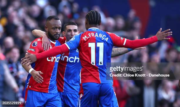 Jordan Ayew of Crystal Palace celebrates scoring their teams second goal during the Premier League match between Crystal Palace and Burnley FC at...