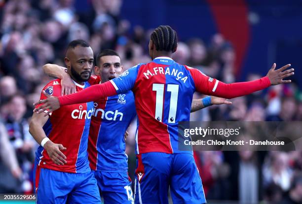 Jordan Ayew of Crystal Palace celebrates scoring their teams second goal during the Premier League match between Crystal Palace and Burnley FC at...