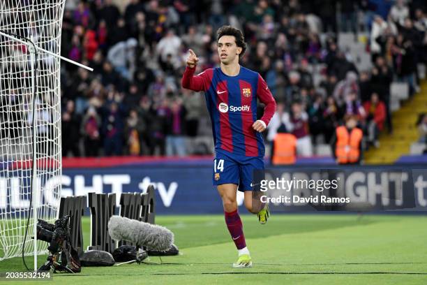 Joao Felix of FC Barcelona celebrates scoring his team's second goal during the LaLiga EA Sports match between FC Barcelona and Getafe CF at Estadi...