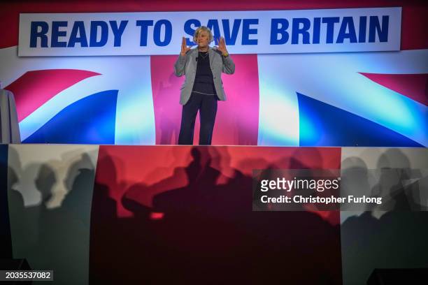 Reform UK justice spokeswoman Anne Widdecombe addresses party members during the spring party rally at Doncaster Racecourse on February 24, 2024 in...