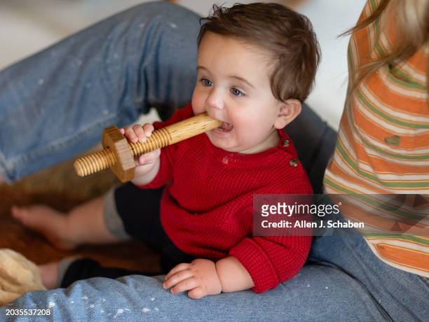Claremont, CA James Barron Skelly, 10 months old, plays with a wooden toy with Jessica Barron Skelly, wife of Vince Skelly, a woodworker who takes...