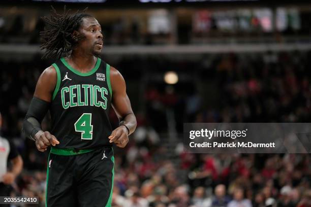 Jrue Holiday of the Boston Celtics in action during the first half against the Chicago Bulls at the United Center on February 22, 2024 in Chicago,...