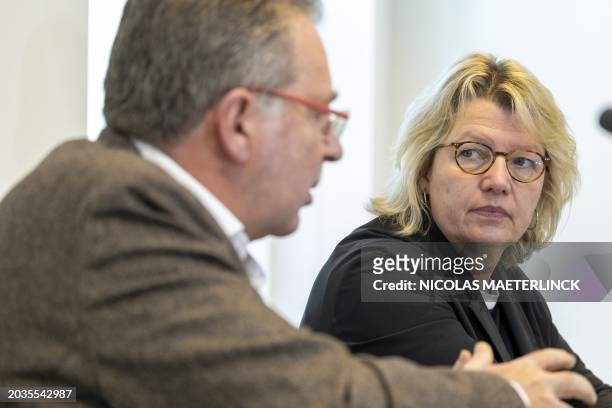 Brussels region Minister-President Rudi Vervoort and safe.brussels chairwoman Sophie Lavaux pictured during a press conference after a meeting of the...