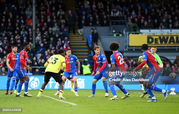 Datro Fofana of Burnley scores his team's first goal which was later disallowed by VAR during the Premier League match between Crystal Palace and...