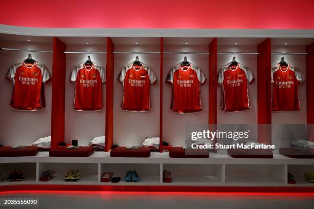 Shirts are displayed inside the Arsenal dressing room prior to the Premier League match between Arsenal FC and Newcastle United at Emirates Stadium...