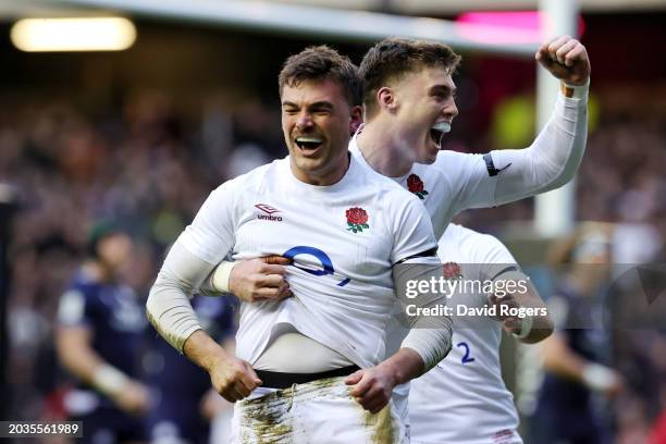 George Furbank of England celebrates scoring his team's first try with teammate Tommy Freeman during the Guinness Six Nations 2024 match between...