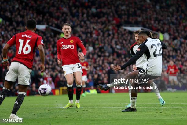 Alex Iwobi of Fulham scores his team's second goal during the Premier League match between Manchester United and Fulham FC at Old Trafford on...