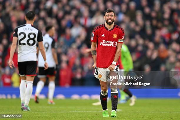 Bruno Fernandes of Manchester United looks dejected during the Premier League match between Manchester United and Fulham FC at Old Trafford on...