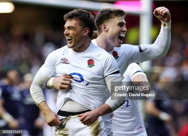 George Furbank of England celebrates scoring his team's first try with teammate Tommy Freeman during the Guinness Six Nations 2024 match between...