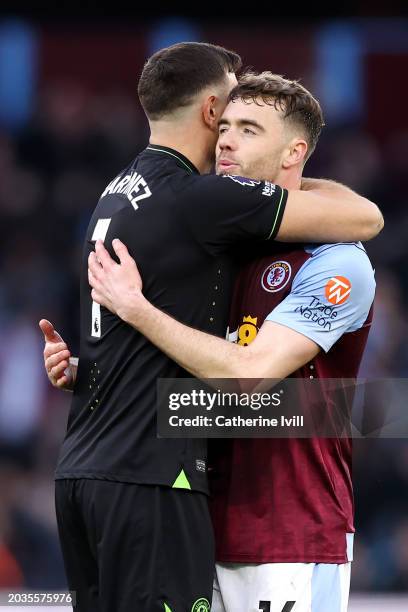 Emiliano Martinez and Calum Chambers of Aston Villa celebrate victory in the Premier League match between Aston Villa and Nottingham Forest at Villa...