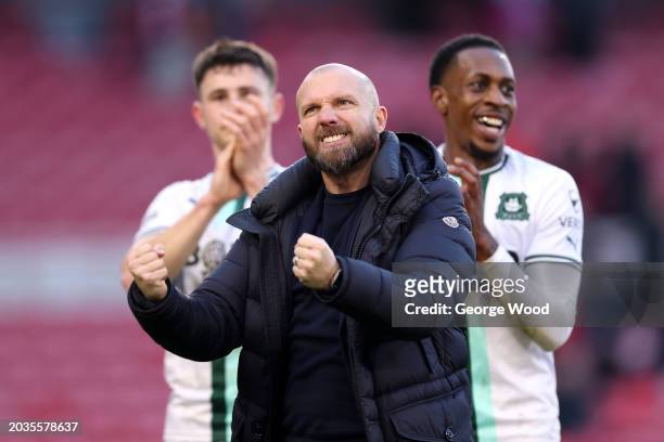 Ian Foster, Manager of Plymouth Argyle, celebrates victory following the Sky Bet Championship match between Middlesbrough and Plymouth Argyle at...