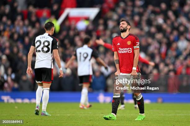 Bruno Fernandes of Manchester United reacts following the team's defeat during the Premier League match between Manchester United and Fulham FC at...