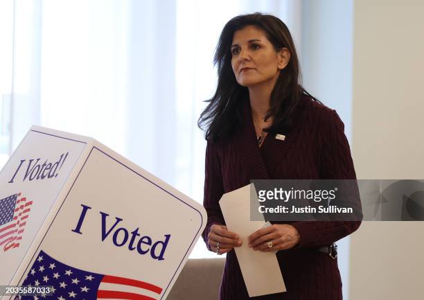 Republican presidential candidate former U.N. Ambassador Nikki Haley casts her ballot in the South Carolina Republican primary on February 24, 2024...
