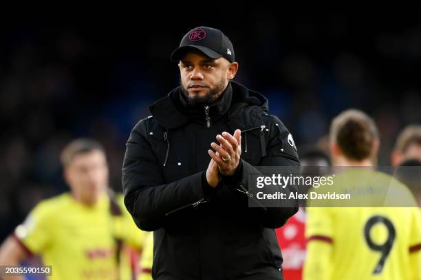 Vincent Kompany, Manager of Burnley, applauds the fans following the team's defeat during the Premier League match between Crystal Palace and Burnley...