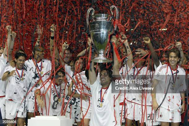 Captain Paolo Maldini if Milan lifts the trophy after winning the UEFA Champions League Final match between Juventus FC and AC Milan on May 28, 2003...