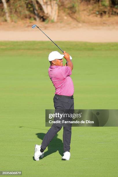 Jhonattan Vegas of Venezuela plays his second shot in the fairway of the 2nd hole during the third round of the Mexico Open at Vidanta at Vidanta...