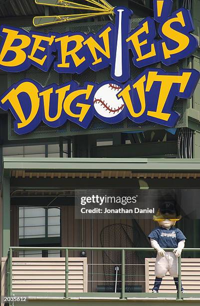 May 17: Mascot Bernie Brewer of the Milwaukee Brewers looks on from "Bernie's Dugout" during the game against the Cincinnati Reds at Miller Park on...