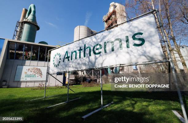 Illustration shows the logo of Anthemis at a press visit to the Heidelberg Materials cement plant in Antoing, Tuesday 27 February 2024. With the...